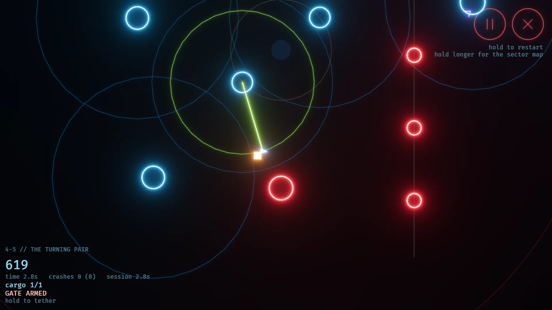An OBERTH level: a white craft tethered by a green line to a glowing anchor, its orbit traced in green through a field of blue and red rings on black.